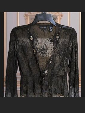 New York & Company Brown Lace Long-Sleeve Embellished Top